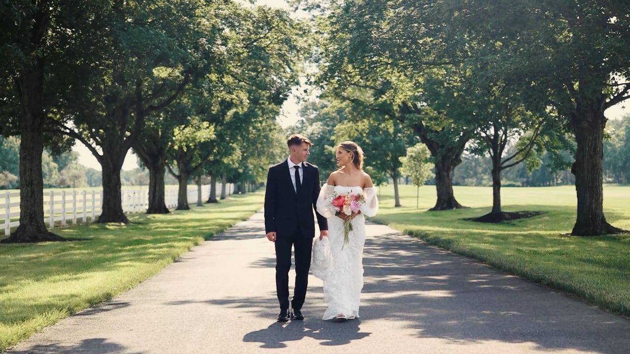 A couple together beneath an avenue of trees, from Becca and Chase’s wedding film